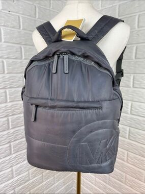 MICHAEL KORS RAE MEDIUM QUILTED NYLON BACKPACK MK LOGO DARK GRAY